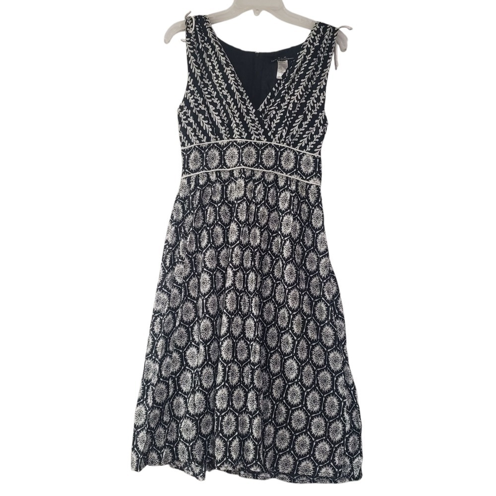 FLP Faith Love & Passion Midi Dress Womens Black White 7 Floral‎ V Neck Pleated